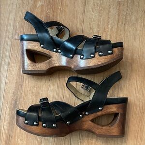 Dansko Black Leather Wooden Mules